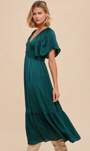 *SALE! Artiste - Emerald Washed Satin Empire Smocked Midi Dress
