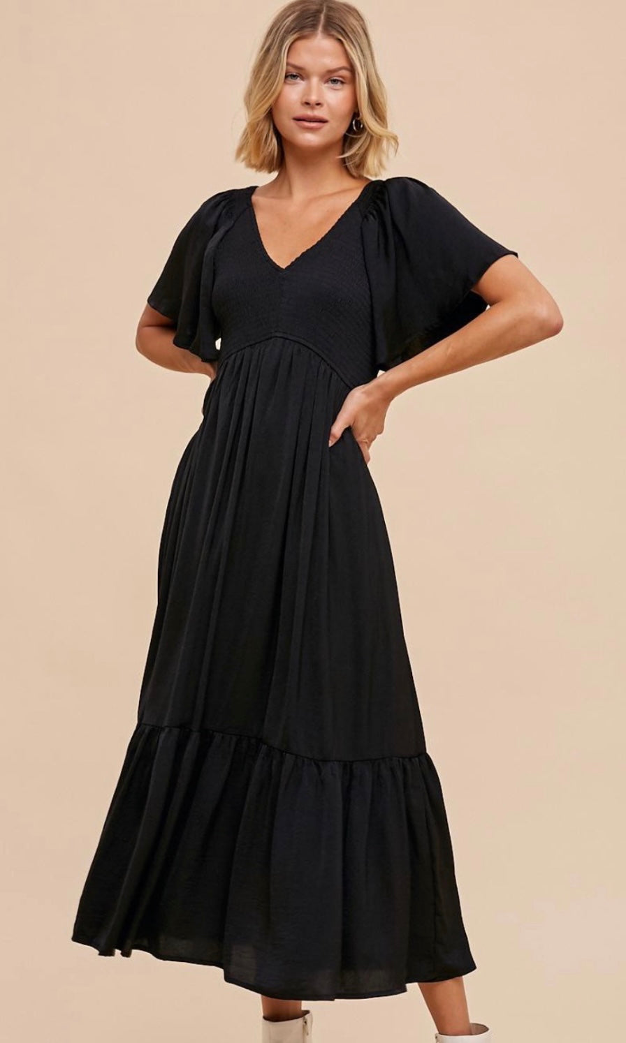 Artiste Black Washed Satin Empire Smocked Midi Dress