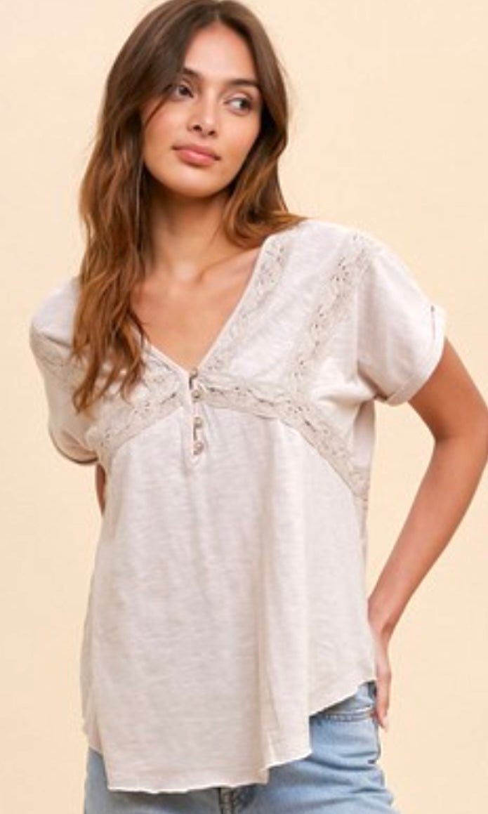 *SALE! Aniki Natural Lace Accent Henley Knit Shirt Top