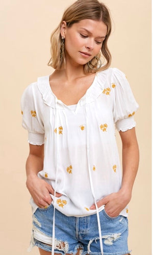 Asuni Off White Embroidered Peasant Shirt Top