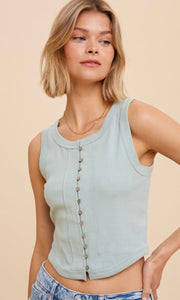 Acory - Seagrass Green Button Front Ribbed Knit Tank Top Shirt
