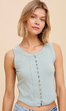 Acory - Seagrass Green Button Front Ribbed Knit Tank Top Shirt