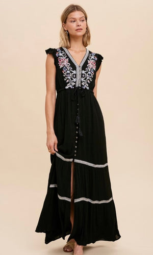 Arika Black Bohemian Embroidered Maxi Dress
