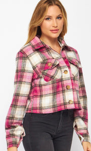 *SALE! Abecka - Pink Plaid Flannel Button Front Cropped Jacket