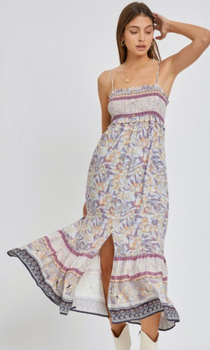*SALE! Ashly Lilac Paisley Border Print Smocked Midi Dress