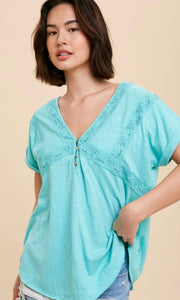 *SALE! Aniki Jade Lace Accent Henley Knit Shirt Top