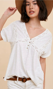 Aniki - Off White Lace Accent Henley Knit Shirt Top