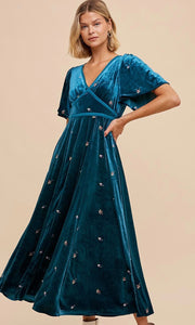 *SALE! Aryca-Emerald Allover Embroidered Velvet Empire Smocked Midi Dress
