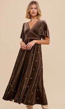 *SALE! Aryca-Pewter Allover Embroidered Velvet Empire Smocked Midi Dress