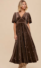 *SALE! Aryca-Pewter Allover Embroidered Velvet Empire Smocked Midi Dress