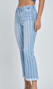 Acrys Light Denim Stripe High Rise Frayed Hem Crop Jean