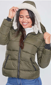 Adelia Olive Puffer Detachable Sherpa Hood Jacket Coat