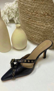 *SALE! Compel-Black Grommet Buckle Pointed Toe Slip On Kitten Heel Shoe
