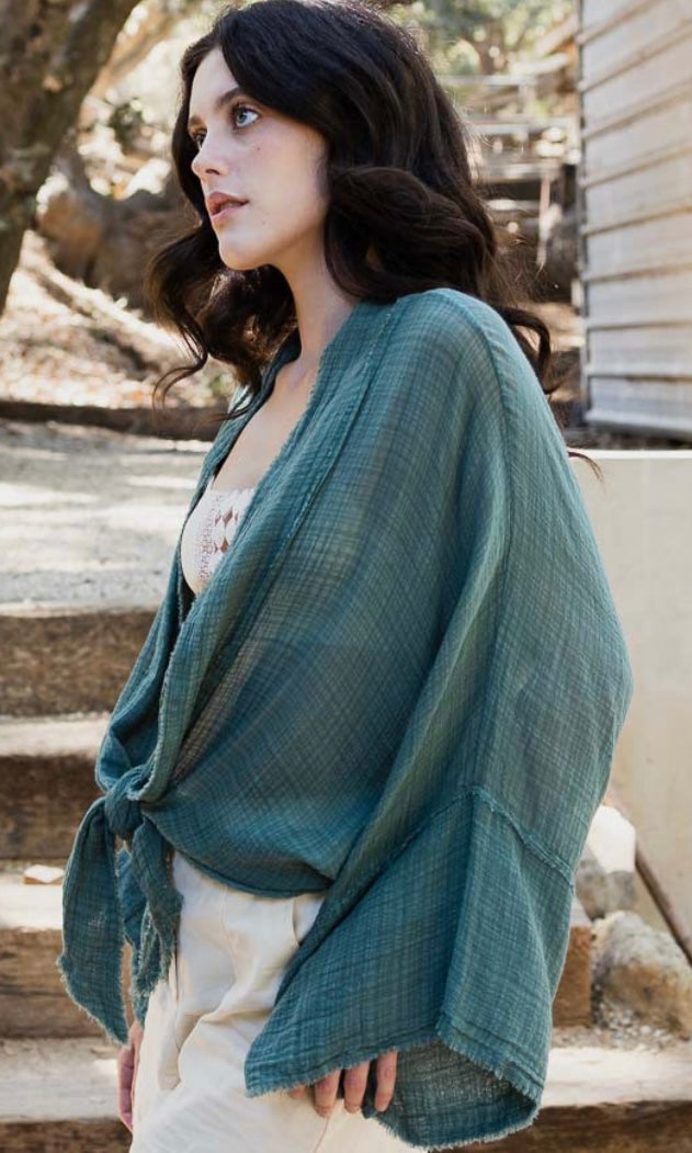 Akaty Pine Green Cotton Gauze Tie-Front Kimono Wrap