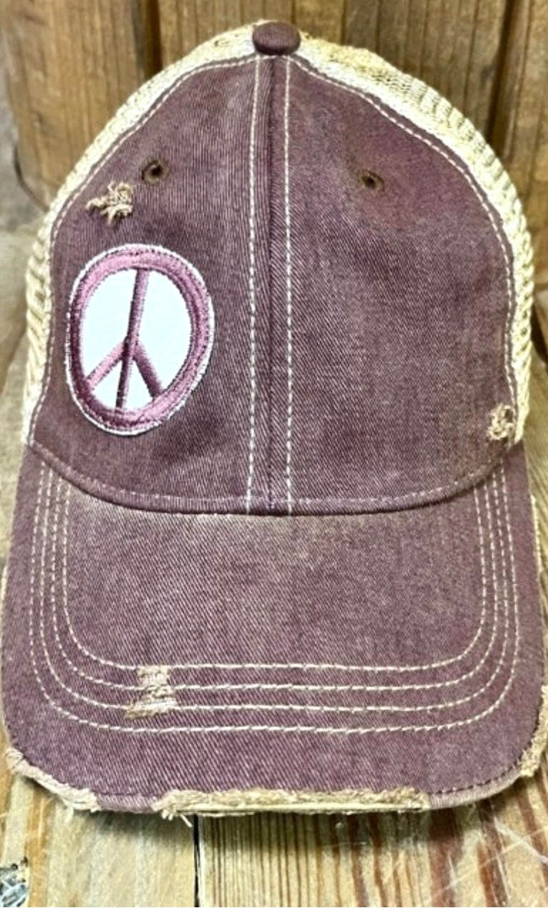 Peace Sign Maroon Distressed Baseball Hat