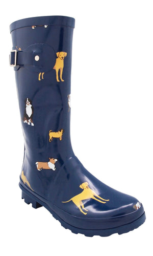 Woof Look At Me Dog Navy Glossy Mid Calf Rain Boot Shoe