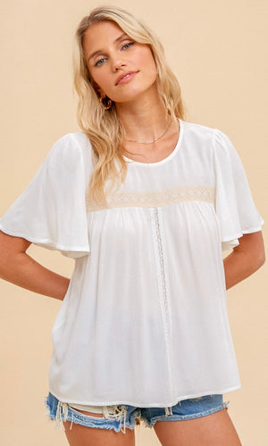 *SALE! Alory Ivory Embroidered Boho Lace Inset Shirt Top