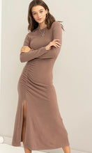 Acasey Brown Side Ruching Premium Knit Midi Dress