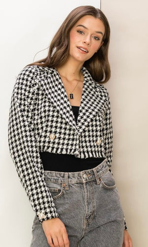 Arean Black Houndstooth Raw Edge Cropped Jacket