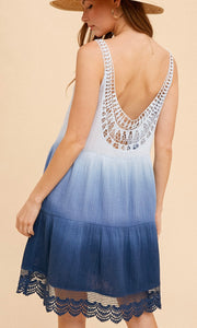 *SALE! Alyna SIZE SMALL Blue Bohemian Dip Dye Crochet Back Mini Dress