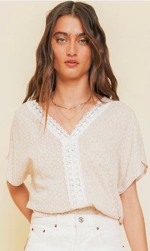 *SALE! Alyca Taupe Boho Ditsy Floral Lace Trim Shirt Top