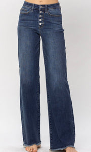 Alora Dark Wash High Waist Button Fly Wide Leg  Stretch Denim Jean