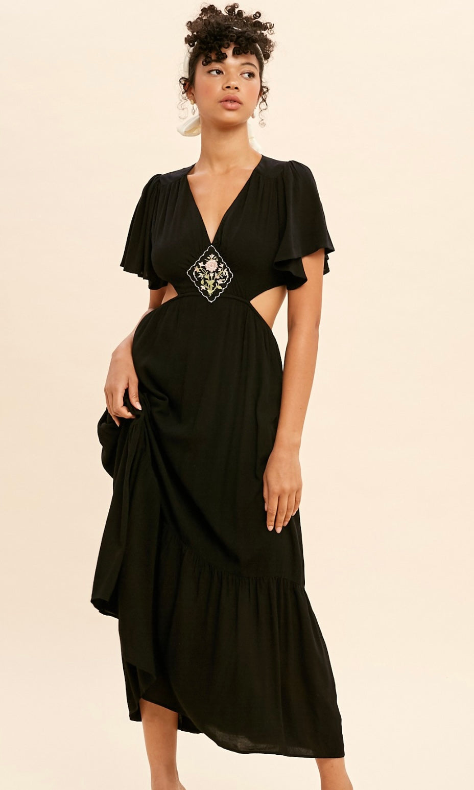 *SALE! Ateri - Black Embroidered Cut-Out Midi Dress