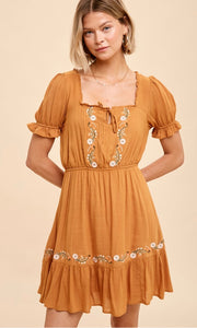 Avil Golden Boho Embroidered Peasant Mini Dress