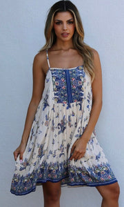*SALE! Adeny Oatmeal Blue Boho Floral Print Sun Dress