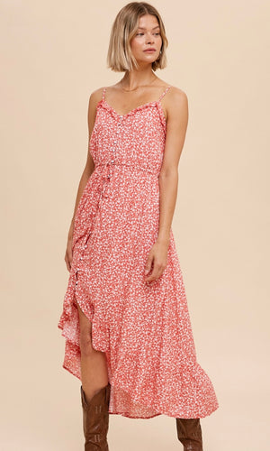 *SALE! Achary Red Ditzy Floral High Low Midi Dress