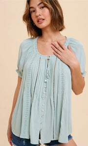 Asimy Sage Green Embroidered Peasant Shirt Top