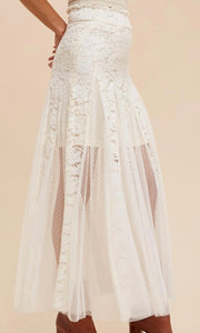 Anvy - Ivory Lace Panel Smocked Godet Maxi Skirt