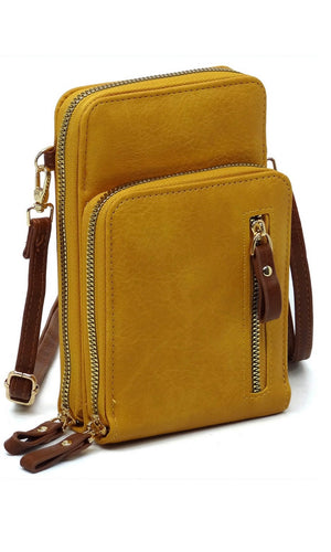 Bradford-Mustard Vegan Leather Cellphone Crossbody Bag