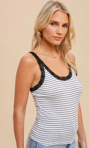 Anji Black Stripe Knit Lace Strap Tank Shirt Top