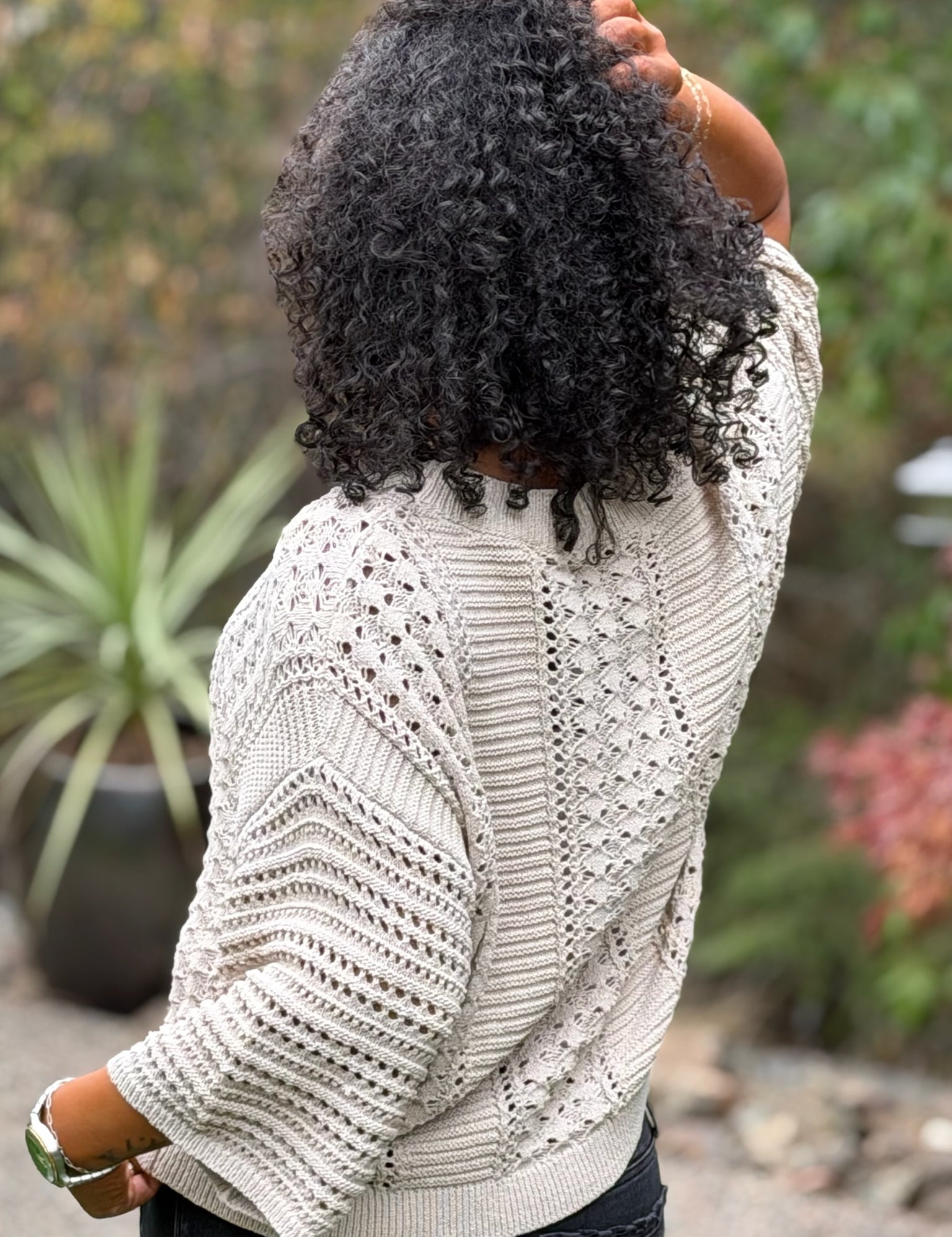 Ebony Rose Silver Shimmer Knit Pointelle Wide Sleeve Sweater