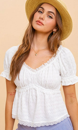 *SALE! Ascon White Texture Knit Lace Trim Shirt Top