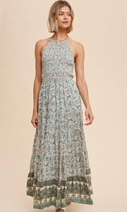 Amony -Sage Ditsy Border Print Smocked Maxi Dress