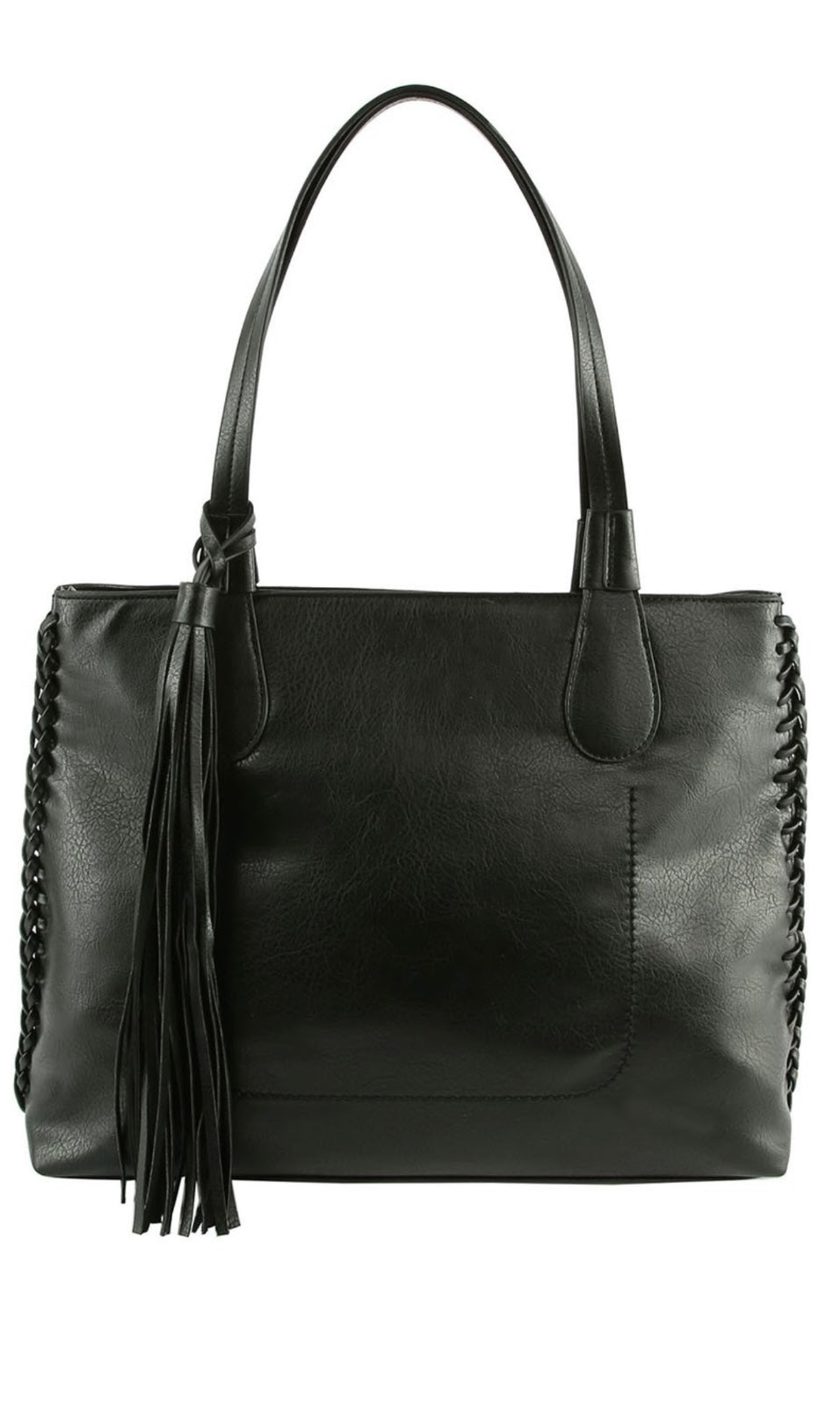 Bryan Black Vegan Leather Tassel Tote Handbag