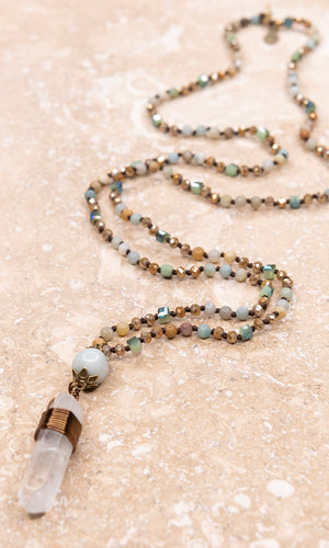 Suri Amazonite Wire Wrapped Stone Crystal Pendant Beaded Long Necklace