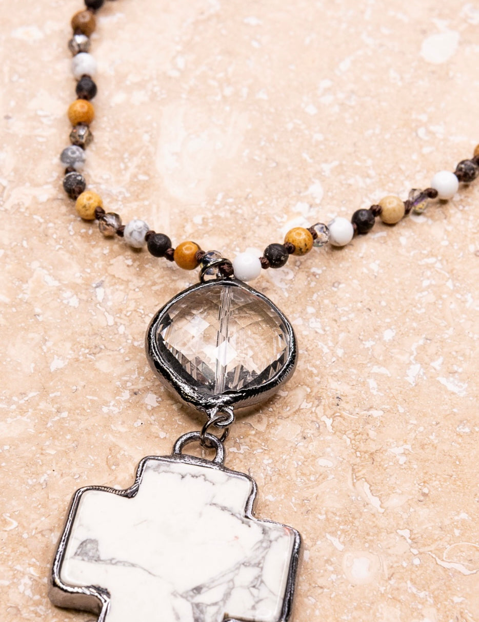 McCall Crystal Cross White Stone Pendant Beaded Long Necklace