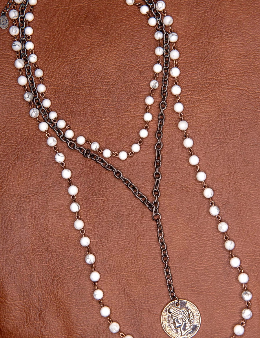 Ellie White Bead Coin Pendant Multi Chain Link Necklace