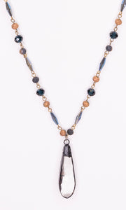 Mercedes Denim Soldered Crystal Pendant Beaded Long Necklace