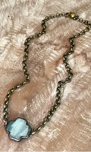 McKenna Amazonite Solder Crystal Cross Stone Pendant Short Necklace