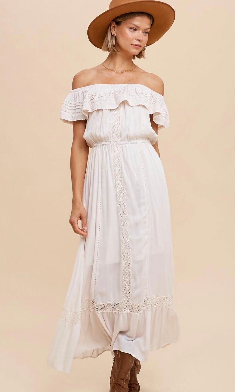 Afrany Buttercream Lace Detail Off Shoulder Maxi Dress