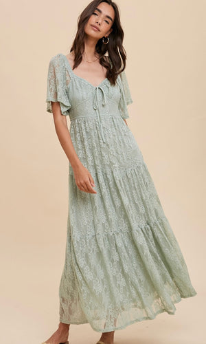 Argy Sage Green Lace Tiered Smocked Maxi Dress