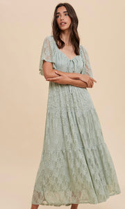Argy-Sage Green Lace Tiered Smocked Maxi Dress