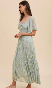 Argy Sage Green Lace Tiered Smocked Maxi Dress