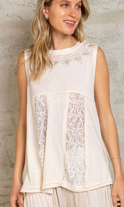 Aray Cream Lace Trim Embroidered A-Line Knit Top