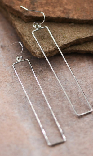 Hammered Silver Long Bar Wire Drop Earrings