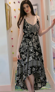 *SALE! Amban Black Floral Border Print High-Low Midi Dress